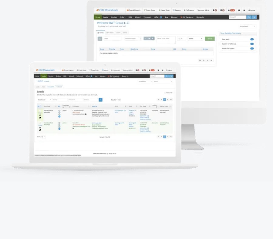 Movewheels CRM screens with leads and quotes