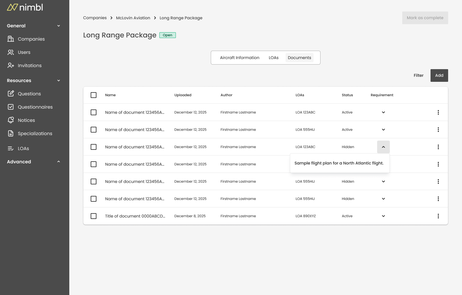Nimbl admin dashboard listing operational documents and their LOAs