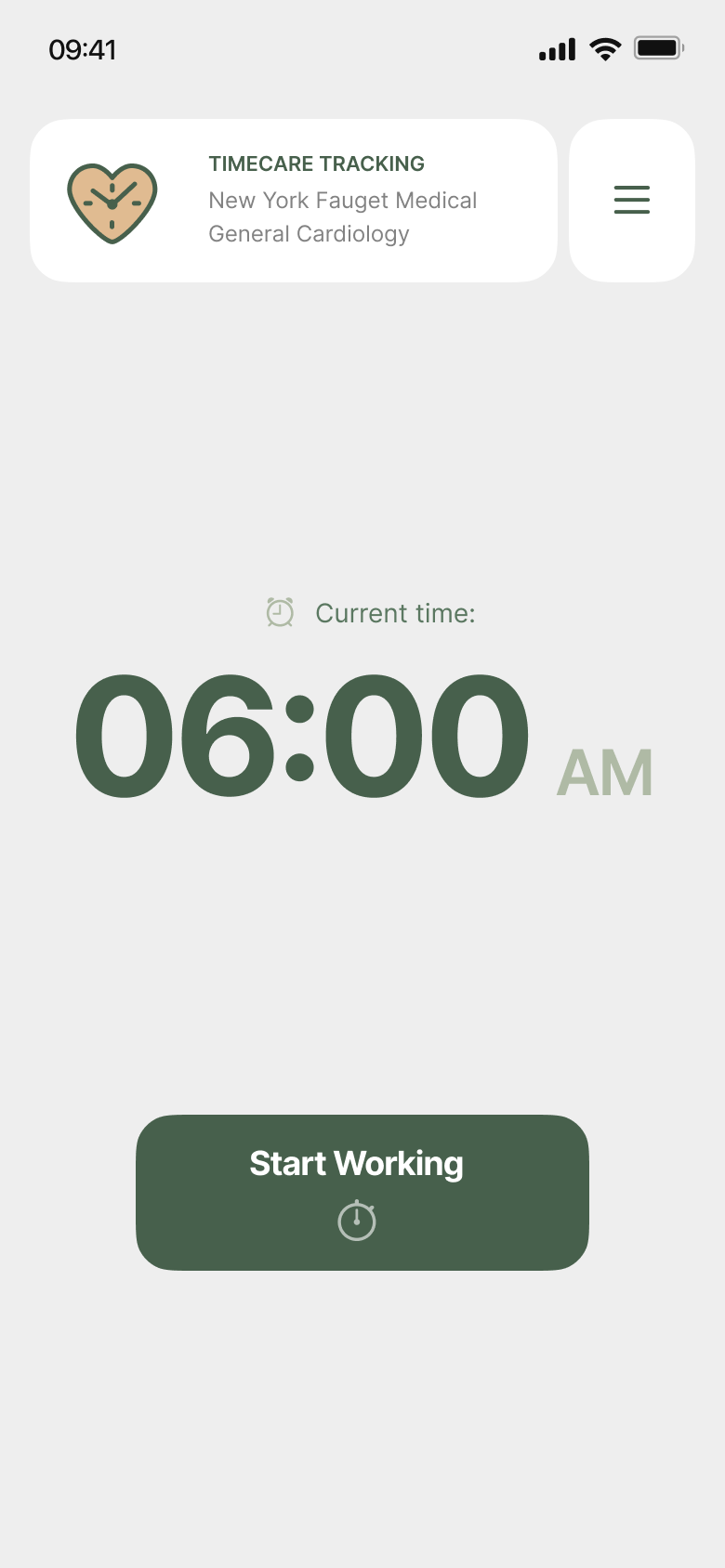 TimeCare clock in screen with current time and Start Working button