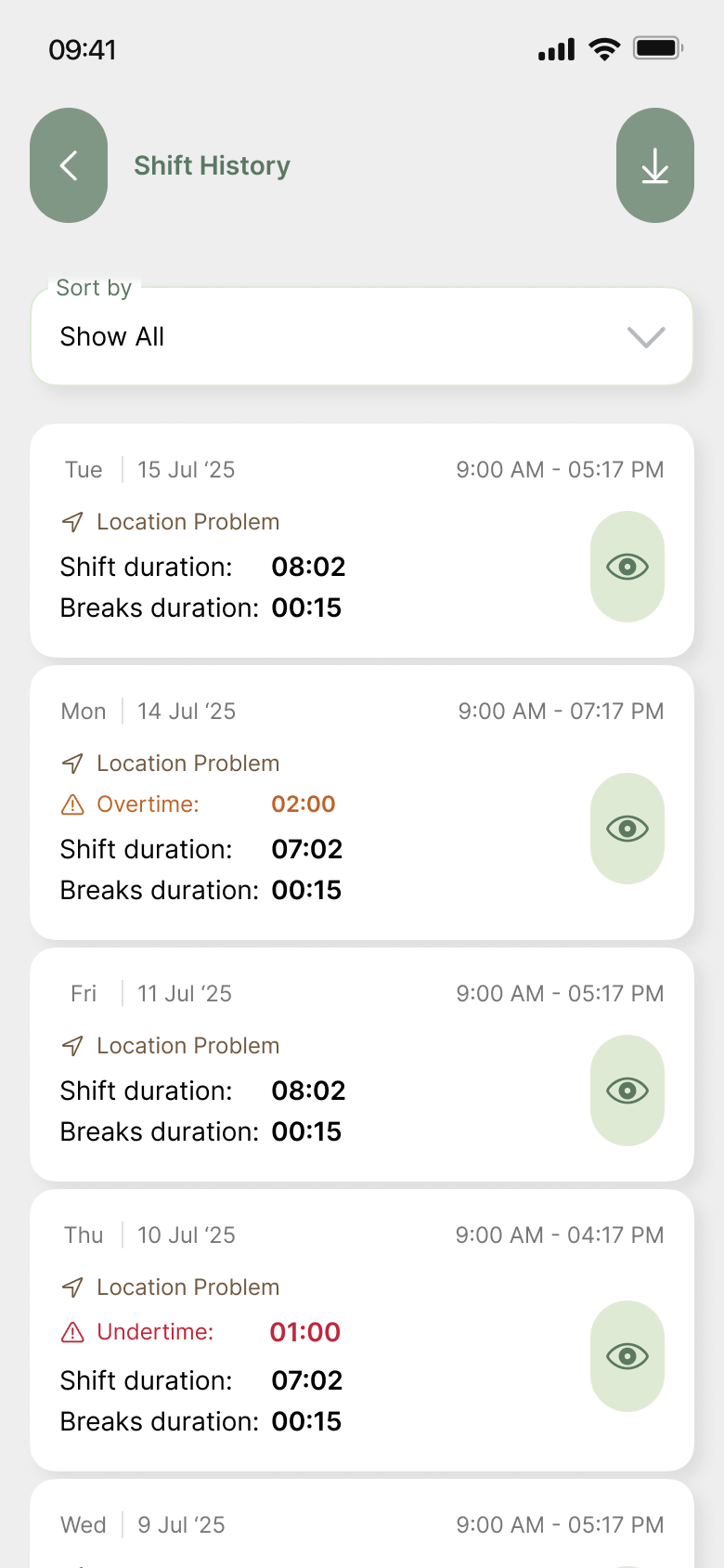 TimeCare shift history list with durations, overtime, and location status