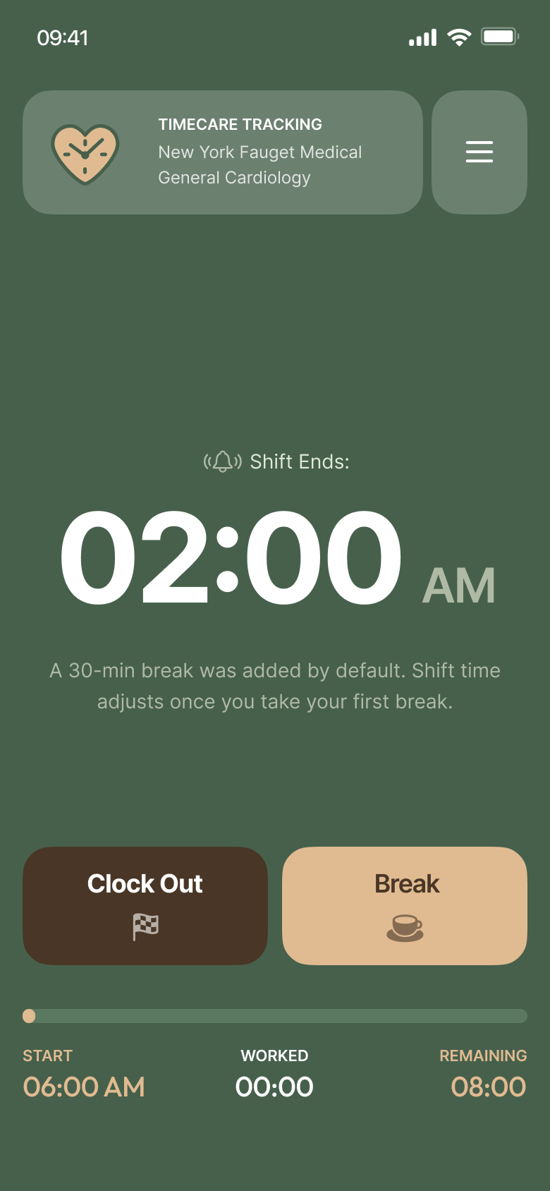 TimeCare active shift screen showing shift end time, worked and remaining time, and break controls
