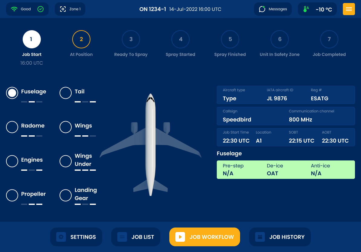 Vestergaard tablet app at the At Position workflow step, showing aircraft zones, flight details, and fuselage treatment status