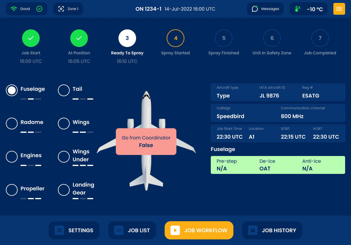 Vestergaard tablet app at the Ready To Spray step with coordinator approval status and fuselage de-ice settings