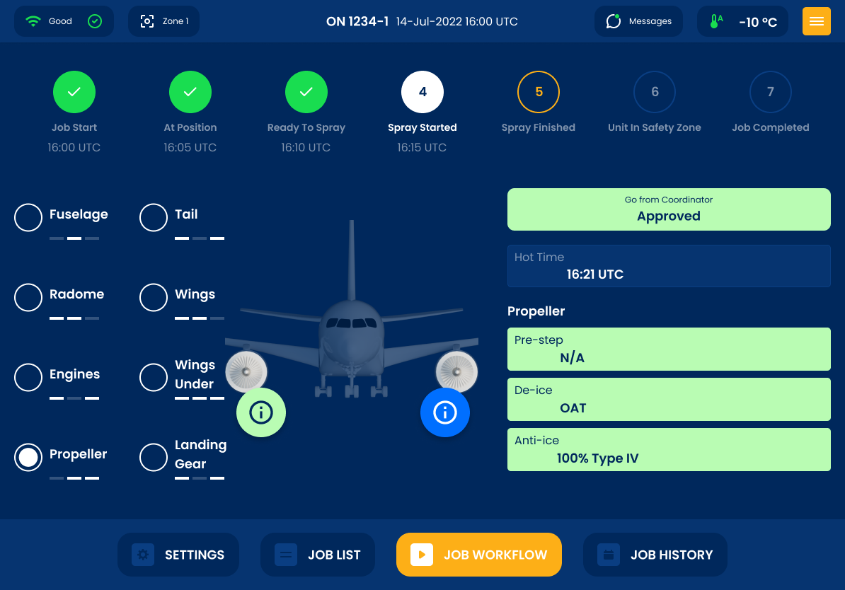 Vestergaard tablet app during Spray Started with propeller selected, anti-ice fluid type, and hot-time tracking