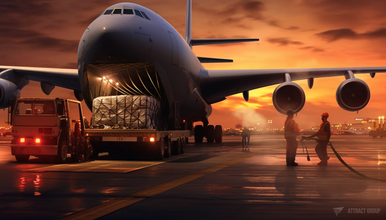 Cargo and Warehouse Automation, loading cargo in plane, stunning dawn on the background