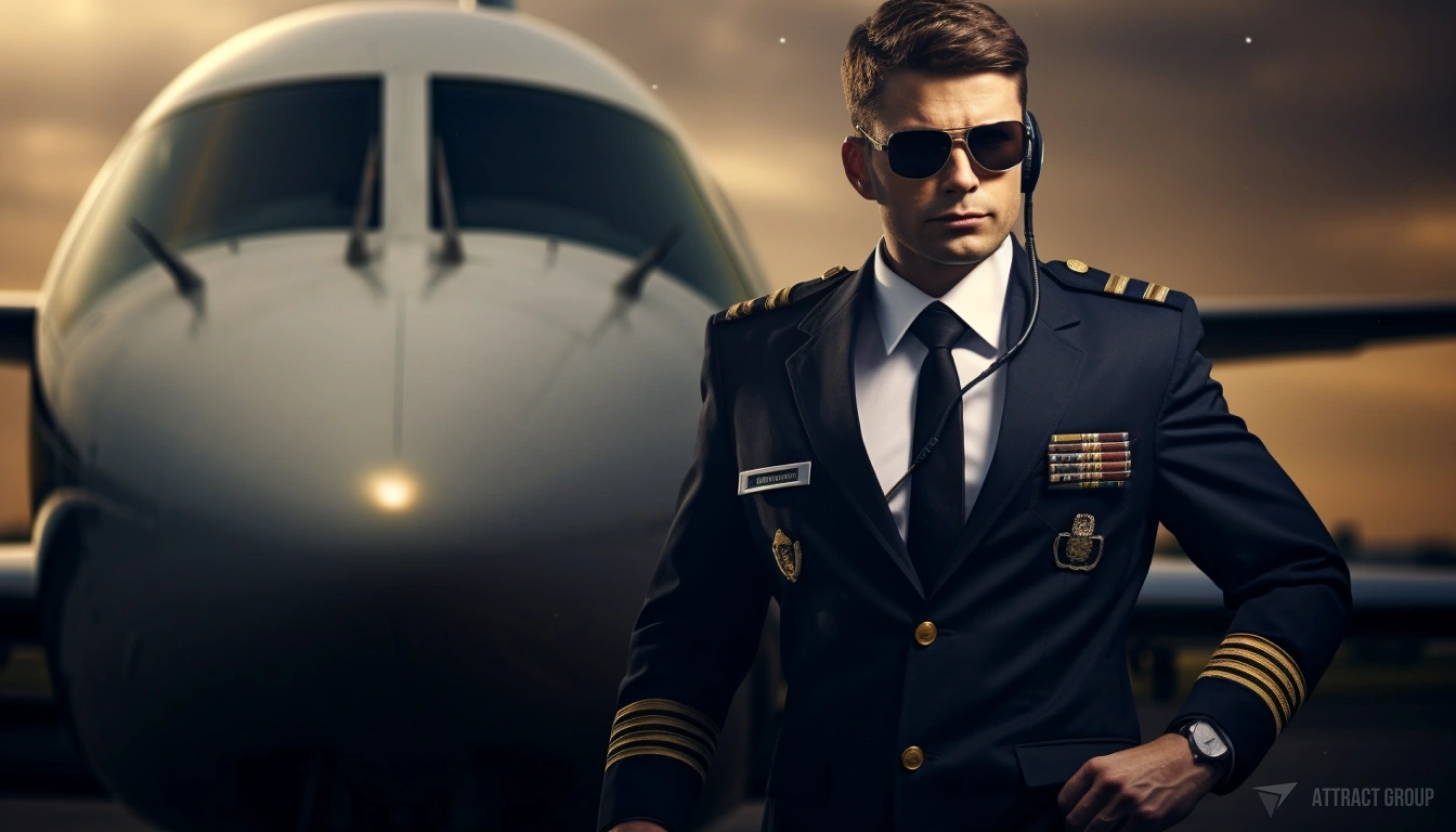 Pilot in uniform, blurred plane on the background