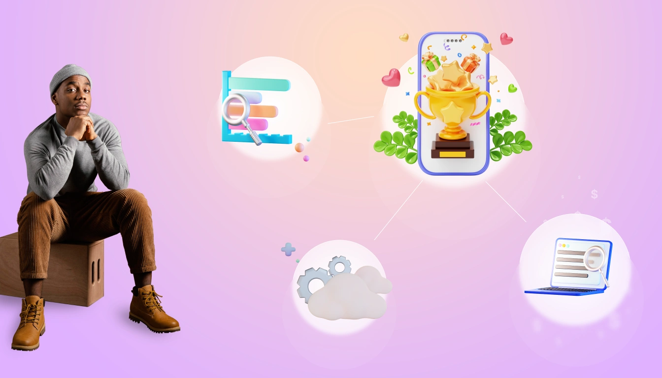 Men in the grey hat, brown trousers, and brown boots are sitting on the box, thinking. On the right side, there are four big icons: one with a smartphone and trophy, one with a graphical chart and magnifying glass, one with clouds and gears, and one with a laptop and magnifying glass.