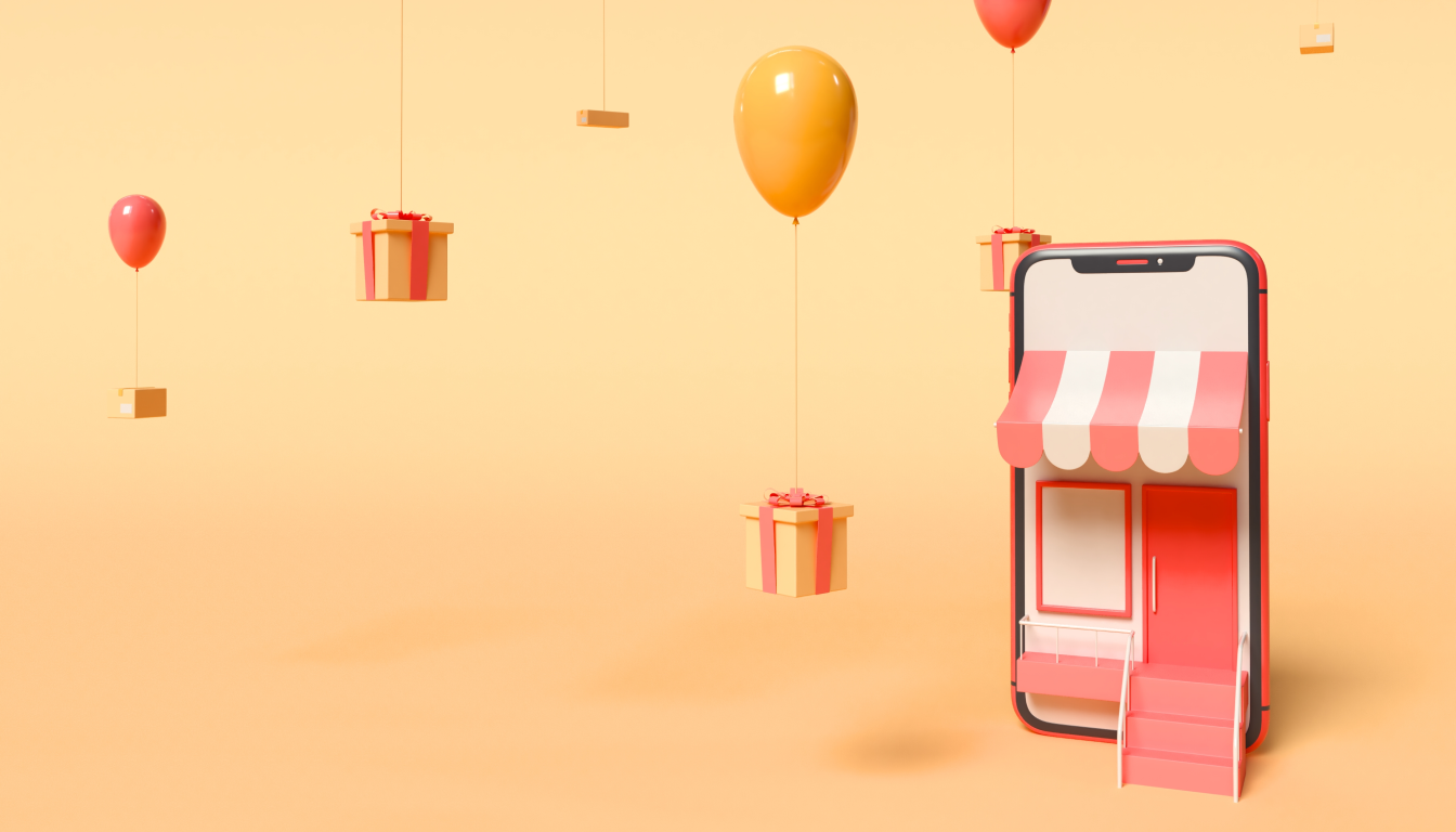 Shop in smartphone. Balloons are flying around, to which gifts are tied.