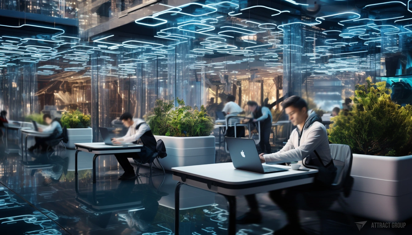 Modern futuristic office with people with laptops 