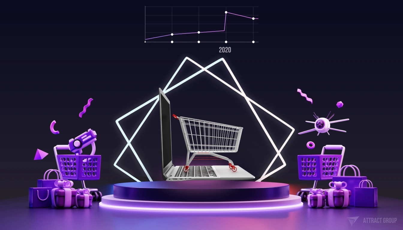 Dark background, goods around, shopping baskets on the sides, in the center - a laptop and a shopping cart. Above is a graph showing data growth.