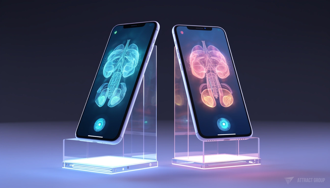 Two smartphones on 3d platform, light colors, on screen is health Diagnostics graphics
