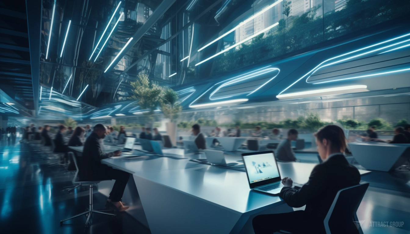 Modern futuristic office with people and laptops 