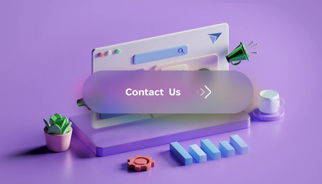 A violet background features a 3D image of a web page with a logo and a search field, along with a plant and a cup on the side. In the center, there is a prominent button with the text 'Contact Us.