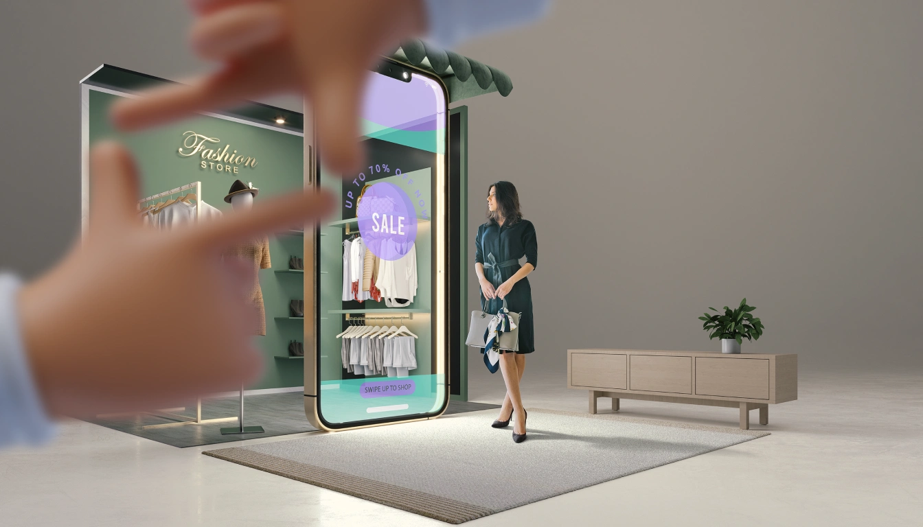 A woman is standing next to a big smartphone (online fashion shop). On the smartphone, there is a text that says 'Sale.' At the top of the image, there is a blurred hand imitating a frame with fingers.