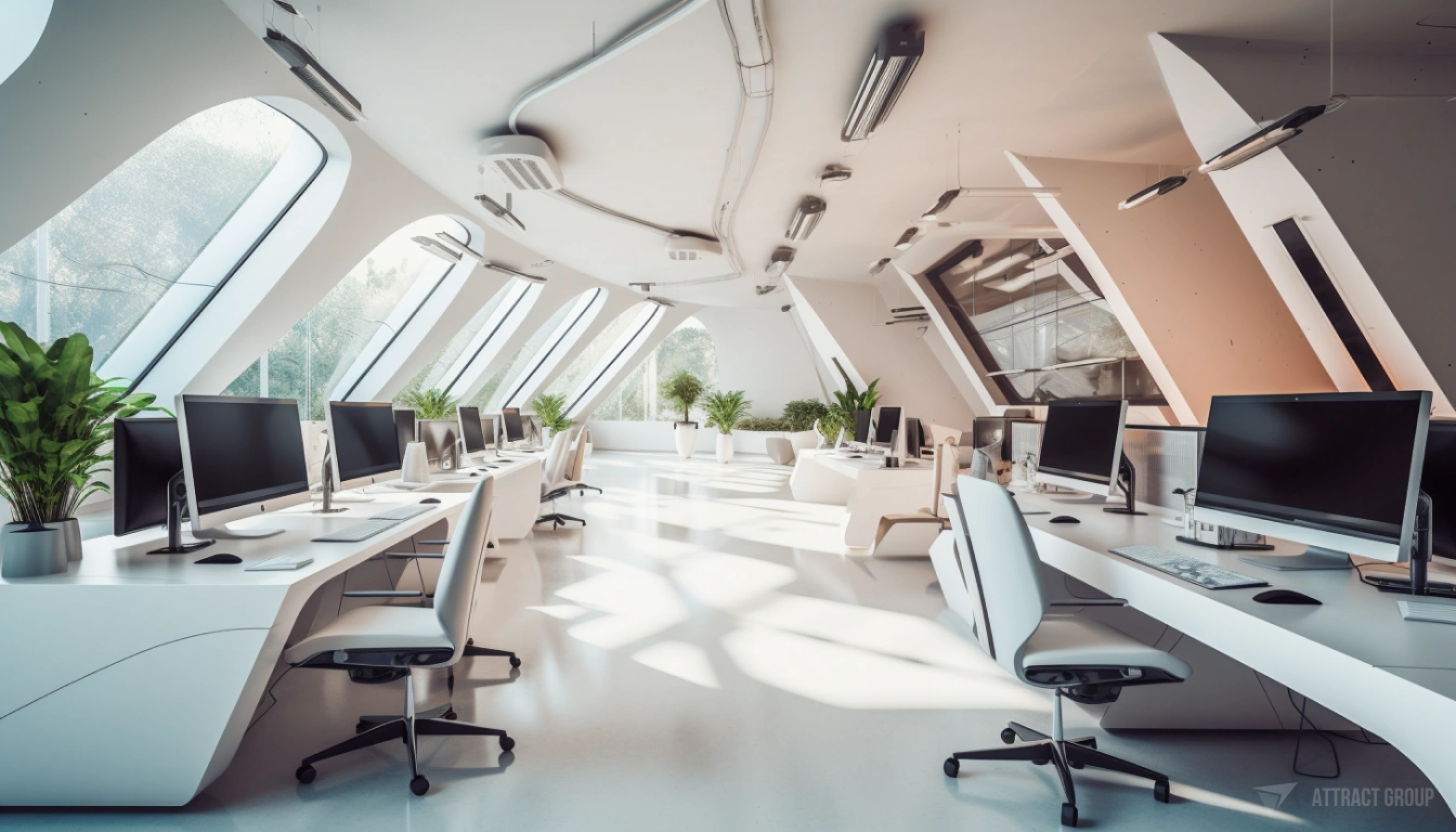 Modern office with computers, plants, and windows