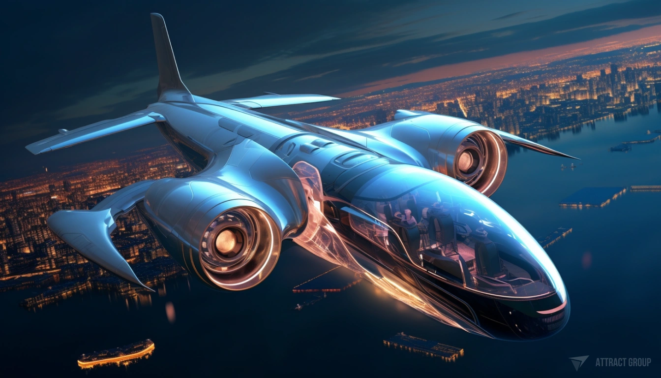 Futuristic plane flying under the night city