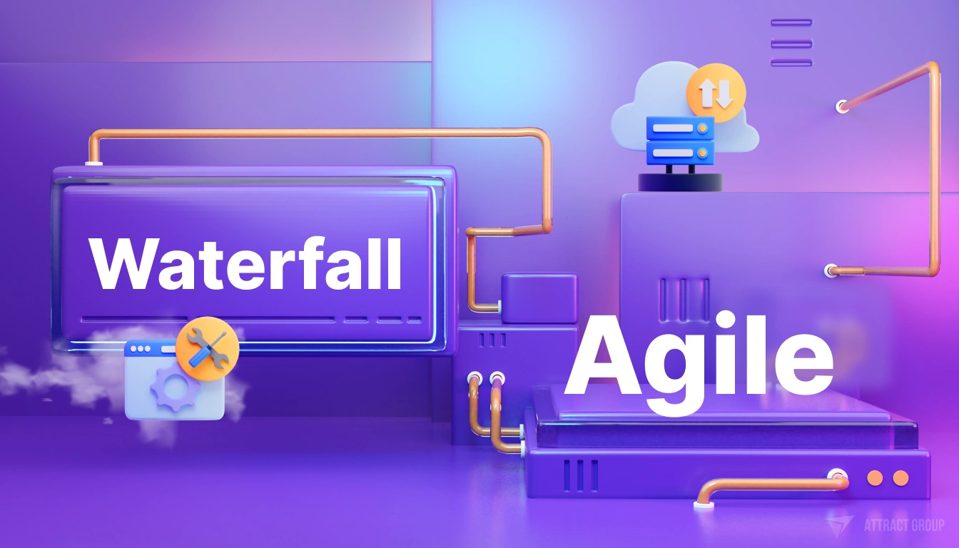 Transitioning between Agile and Waterfall on violet background. Tech elements, 3d icon of site and gear and tools, 3d icon of cloud, arrows, and server. 