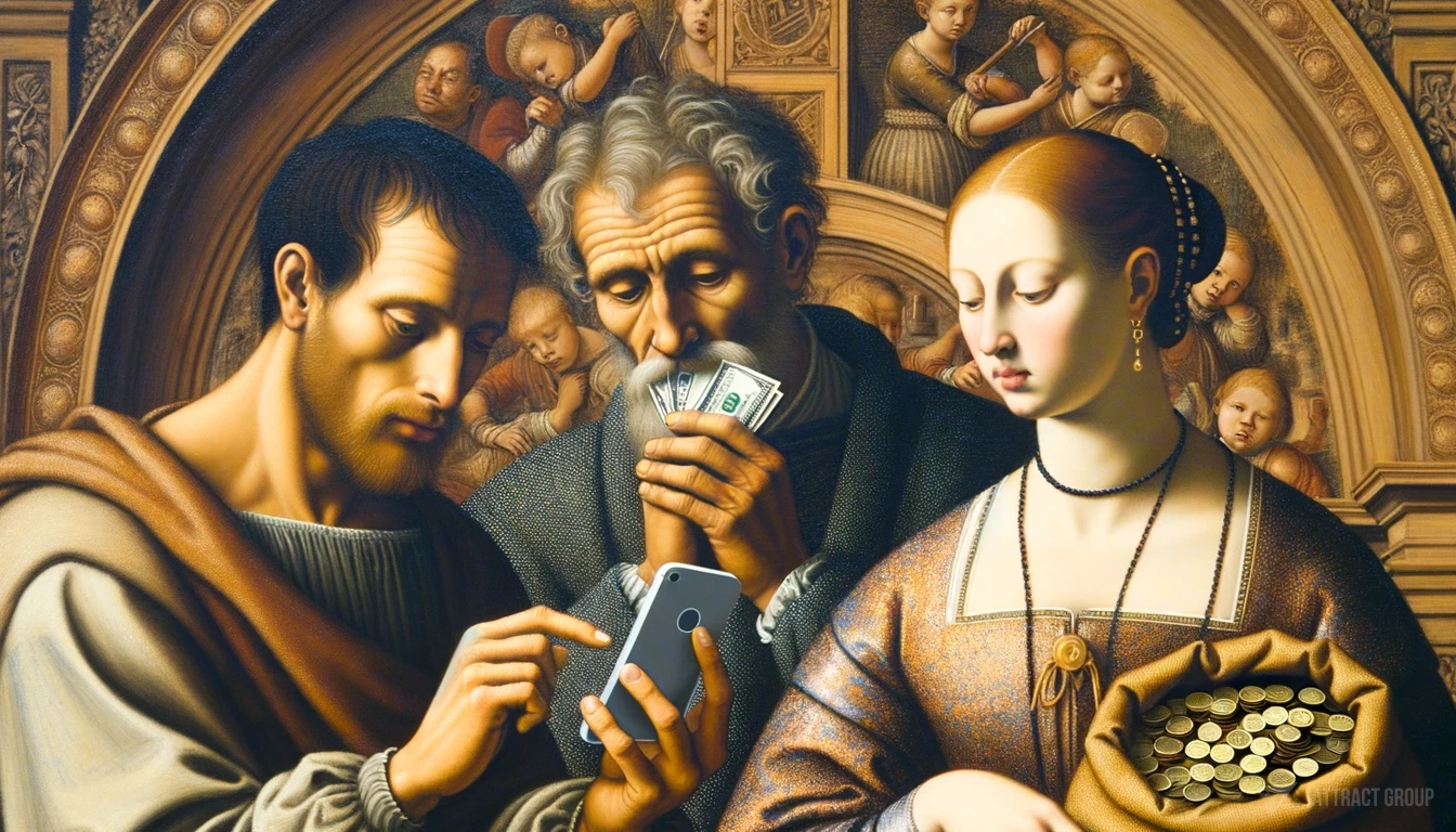 Renaissance style, tree persons, one with smartphone, one with dollars, one with bag of coins, Data Monetization