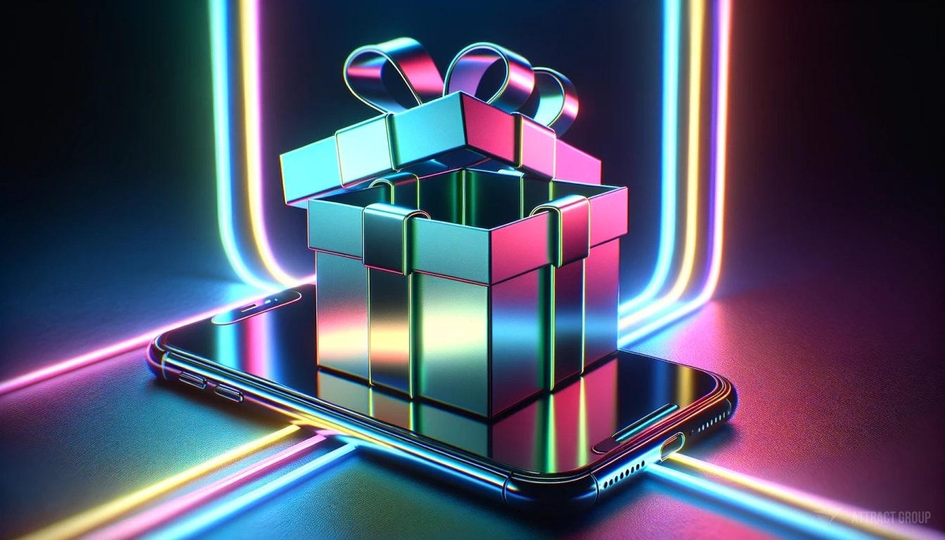 Freemium Model, neon lights, open gift box on the smartphone 