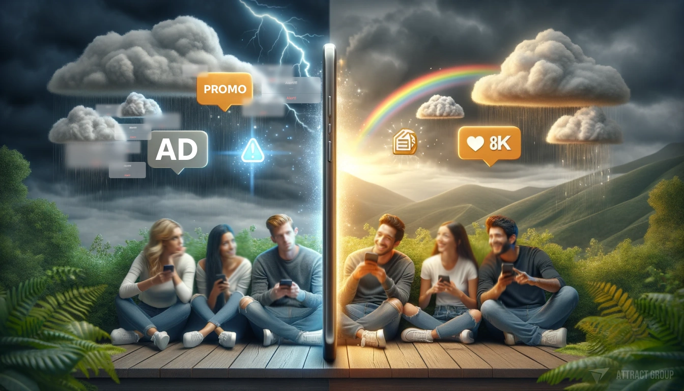 On the one side of the image are bored people with smartphones. Popups, ads. On the other side there are happy people that share smartphones, they are smiling and pointing on the phones. Magic light glows on their faces. The image is represented the good and the bad strategy in the app monetization. In-App Advertising.