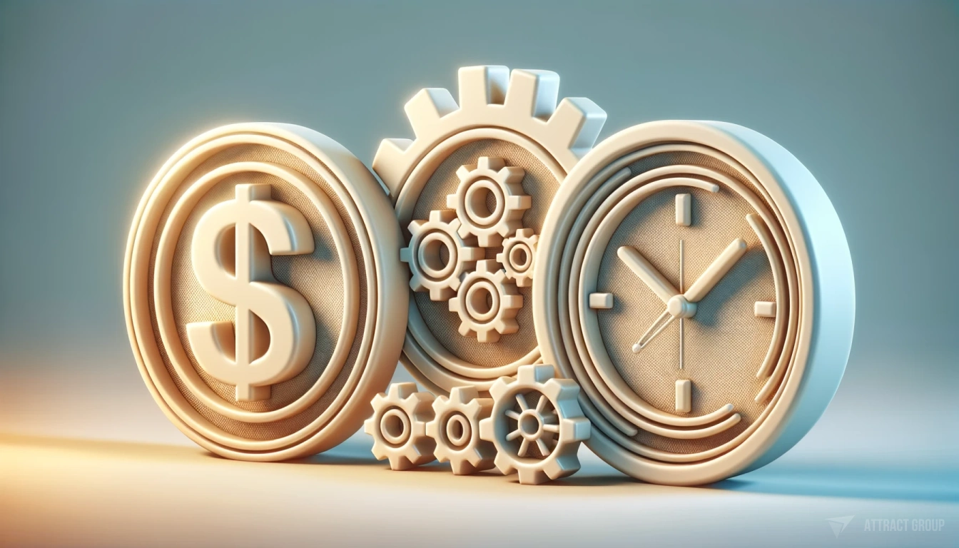 Key Considerations Before Choosing a Company. 3 big 3D render icons, dollar, gears, clock 