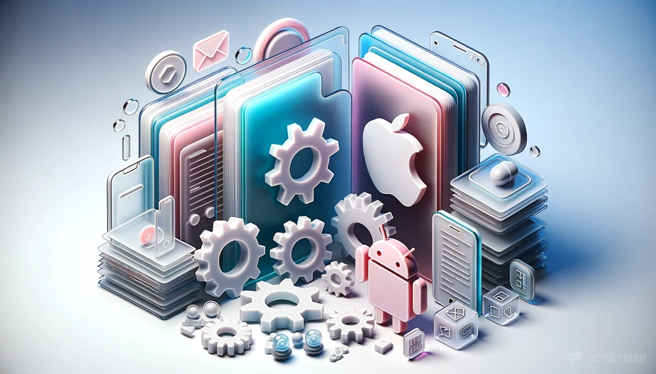 Mobile App Development Tools
Glass transparent folders, gears, Apple, Android 
