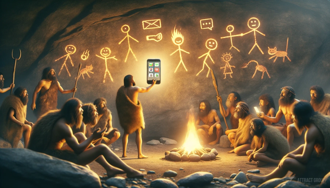 The Early Days of Native Apps, cave with people with images on cave walls, with smartphone and fire in center 