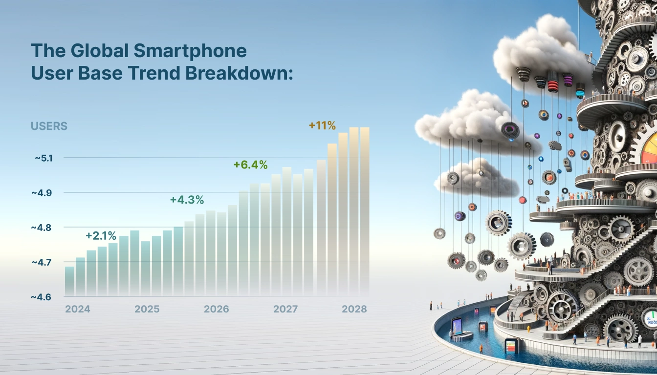 The Global Smartphone User Base Trend Breakdown table with gears & clouds tower