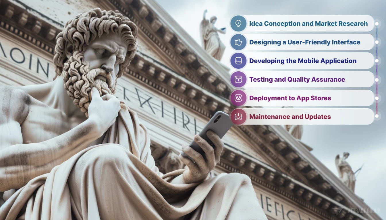 The Mobile Application Development Lifecycle, greek ancient statue with smartphone 