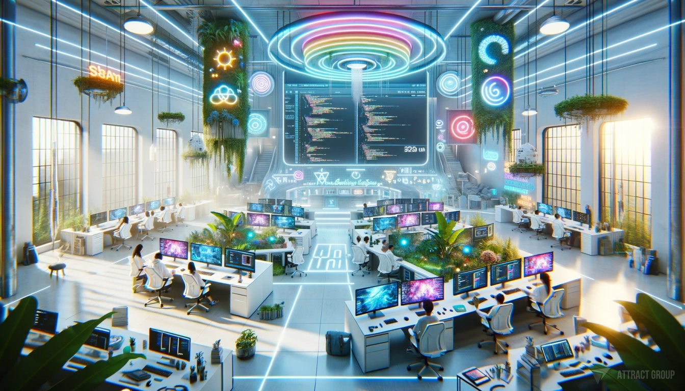 Types of Mobile Development Companies, futuristic office with monitors and code, development team 