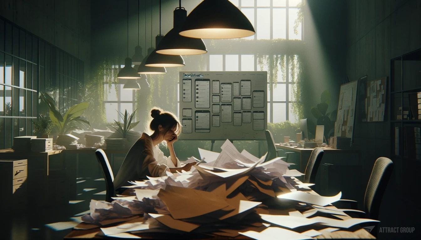 Why Mobile Development is Crucial. Girl in modern office with a lot of documents and papers. 