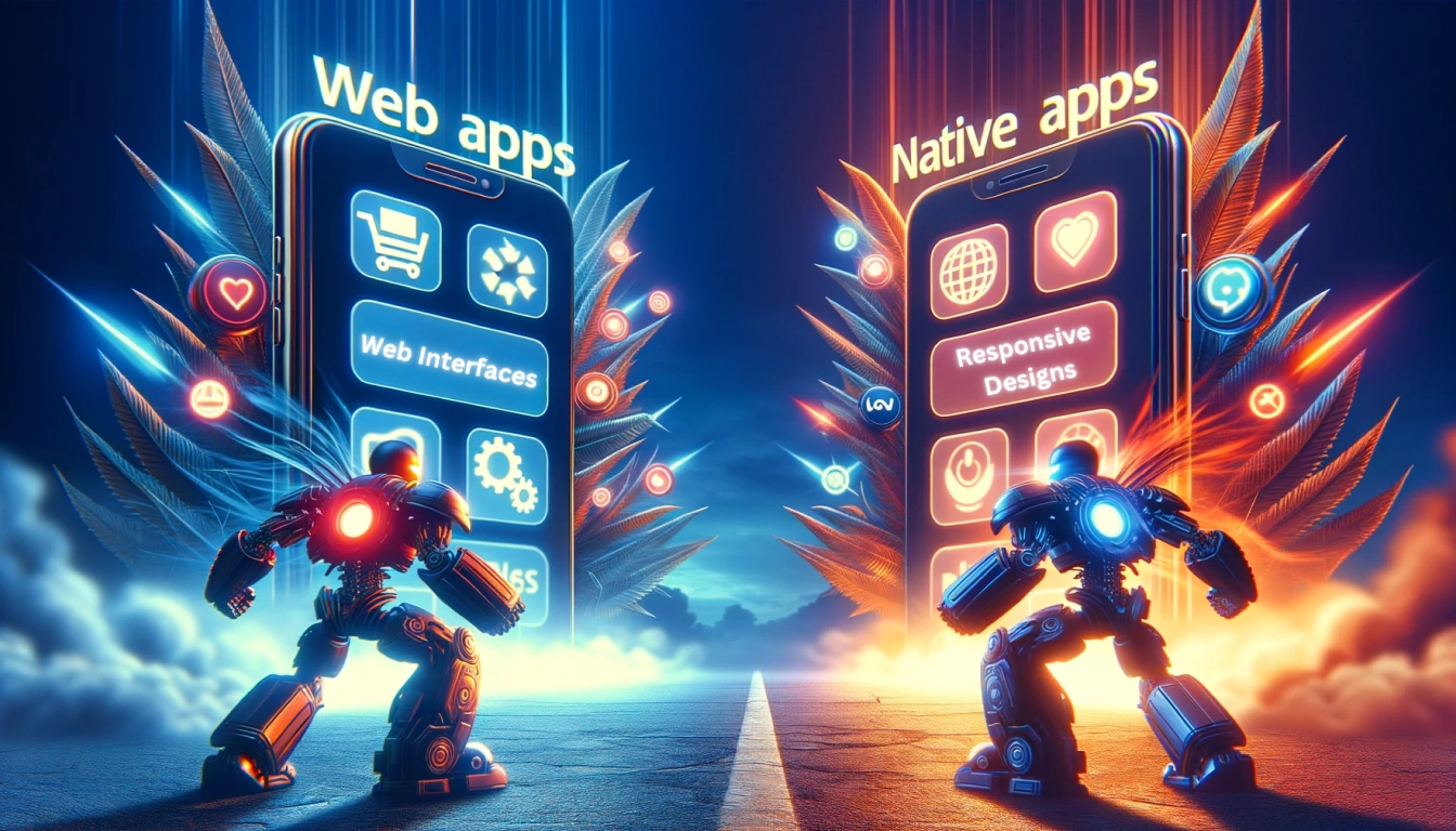 Web Apps vs. Native Apps, 2 smartphones, 2 charters standing near each other in the epic manner 
