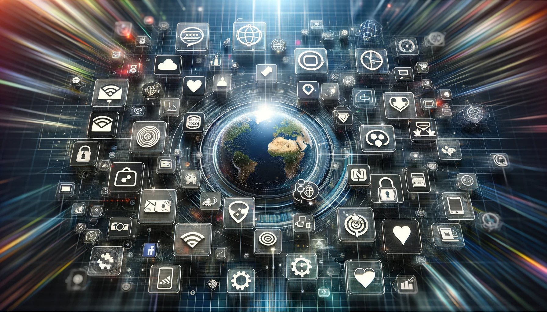 A conceptual image representing the diverse features of mobile app development. The image includes various app icons floating in a digital space, each