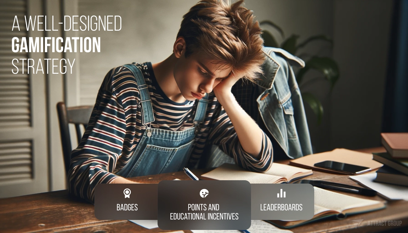 Illustration for A well-designed gamification strategy. A teenager studying, intently writing notes while looking at a smartphone. The teenager is leaning on one hand, a pose that could suggest deep concentration or a moment of fatigue. They are dressed in a striped shirt with overalls, and a jacket is casually draped over the chair behind them. The desk is scattered with papers, a pen, a notebook, and a smartphone, all indicative of a rigorous study or homework session. The image captures a common scenario of student life, reflecting the hard work and occasional weariness associated with academic endeavors.