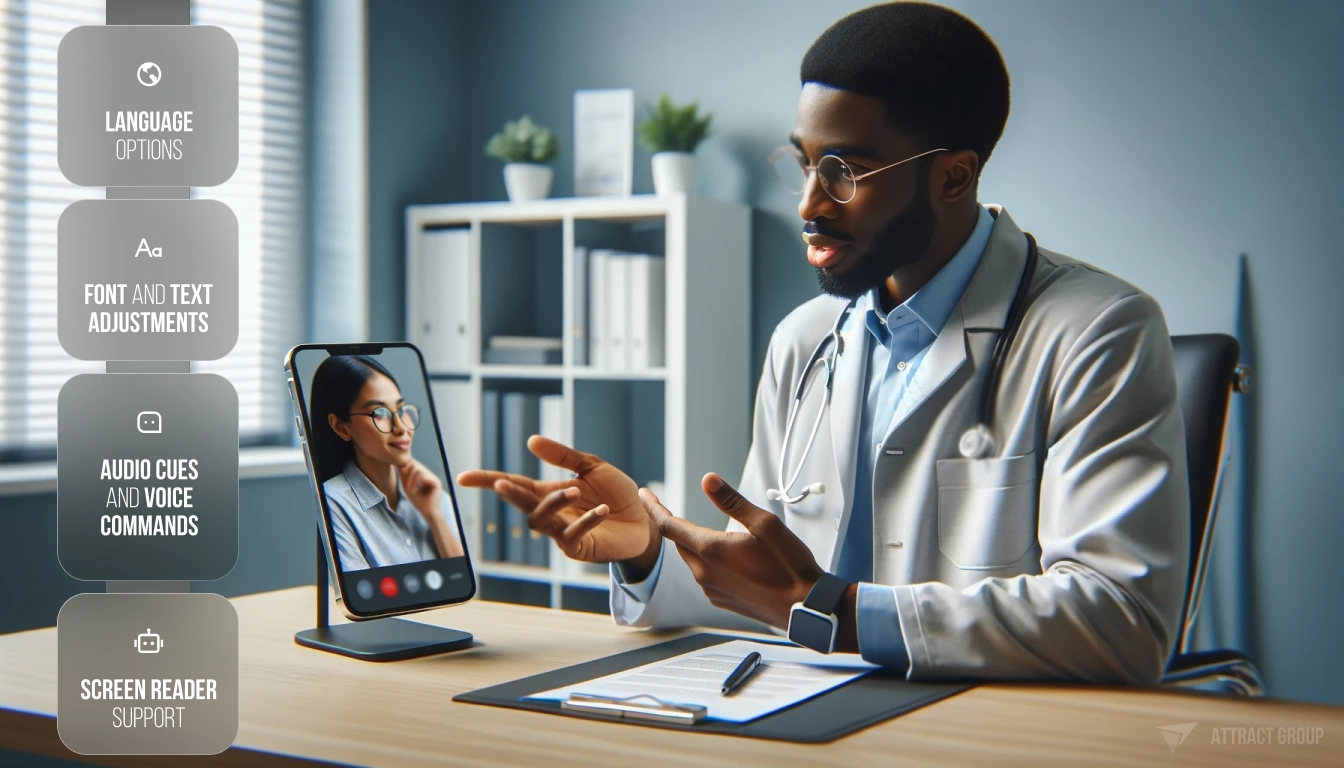 Illustration for Accessibility Options. portrait of a doctor in a clinic office, having a consultation via smartphone with a patient. The doctor, a male Black individual, is gesturing and conveying important information. The patient, a female Hispanic in glasses, is listening carefully, displayed on the smartphone's screen. The phone is situated on a stand on the desk, with the UI of the video call visible. The office has a calm atmosphere, softly lit with natural light. 