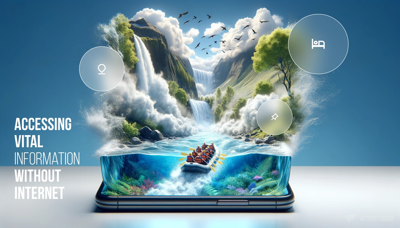 
The image is a digital advertisement showcasing a smartphone with a display that extends beyond its physical screen, creating an illusion of depth. The screen vividly depicts an adventurous scene of whitewater rafting through a lush canyon with a dramatic waterfall. The visual effect makes it seem as if the raft and water are bursting out from the screen, emphasizing the app's immersive experience. Above the image, the text "ACCESSING VITAL INFORMATION WITHOUT INTERNET" suggests a key feature of the app, likely indicating offline functionality. The phone is set against a sky background, and there are three floating icons around the phone, possibly representing app features or navigation buttons.The overall design conveys the app's ability to provide users with engaging content and essential details even when they are not connected to the internet.