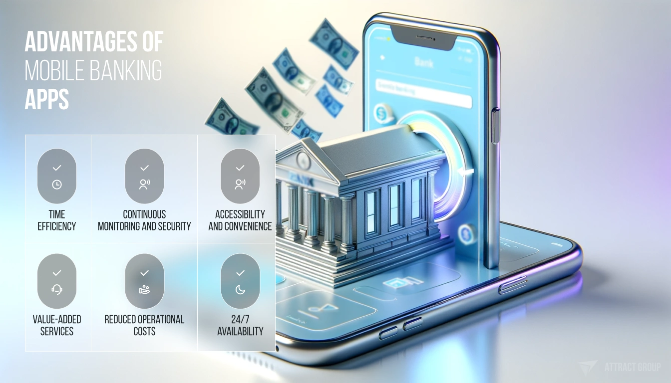 The image is a stylized visual that highlights the "ADVANTAGES OF MOBILE BANKING APPS." It features a smartphone displaying a banking interface with a three-dimensional bank building emerging from its screen. Around the bank and phone, digital bills are depicted as flying into the bank, symbolizing mobile transactions. Below the central image, six icons with captions enumerate the benefits: "TIME EFFICIENCY," "CONTINUOUS MONITORING AND SECURITY," "ACCESSIBILITY AND CONVENIENCE," "VALUE-ADDED SERVICES," "REDUCED OPERATIONAL COSTS," and "24/7 AVAILABILITY." Each icon is designed with a minimalistic aesthetic and is placed within a semi-transparent circle. The overall color scheme is a mix of soft blues and metallic colors, reflecting a modern and efficient digital banking experience. 