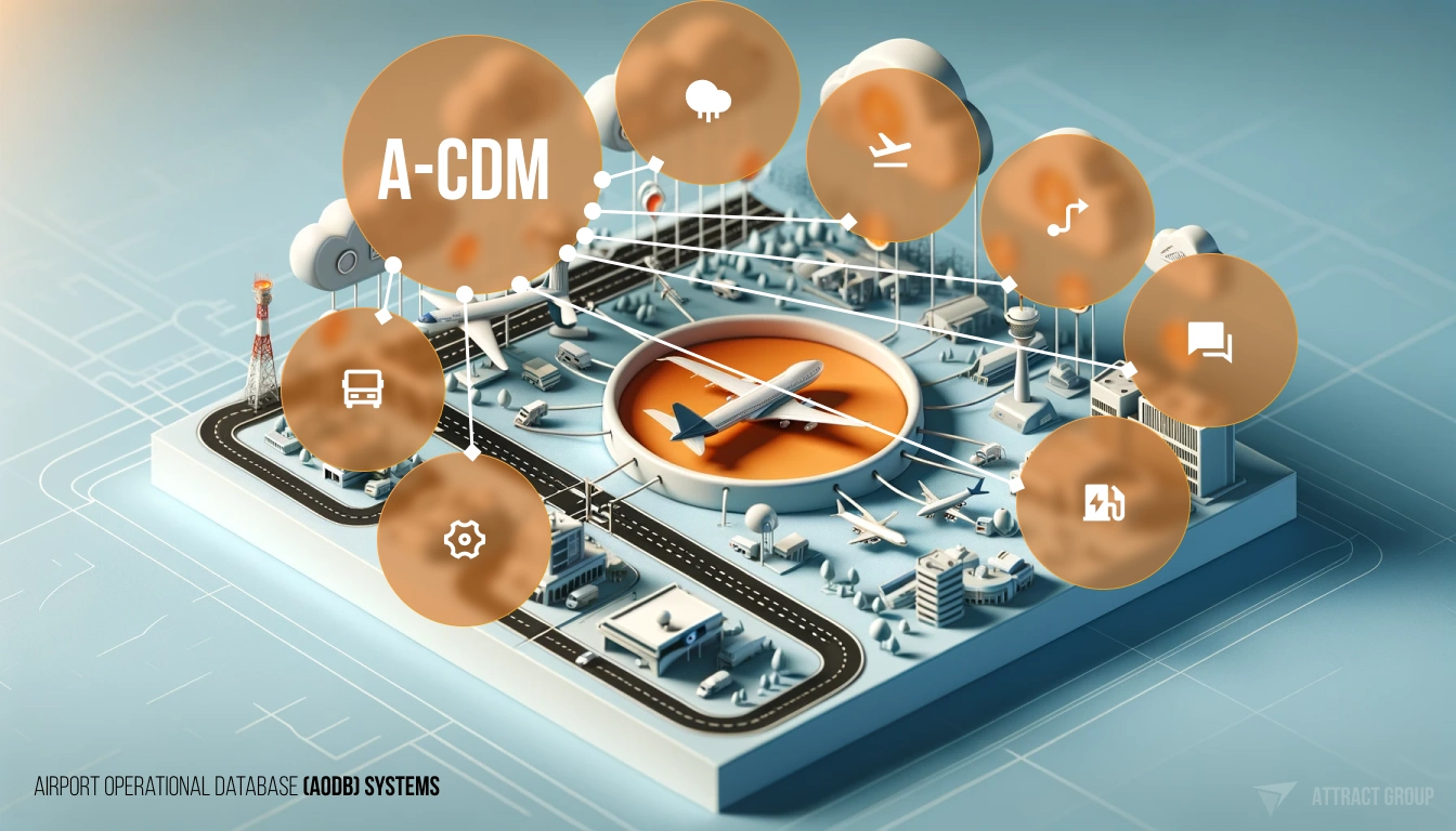 Illustration for Collaborative Decision-Making in Airport Operations. The image depicts a stylized representation of an airport's collaborative decision-making system (A-CDM), shown as a 3D model. The model includes a central runway with an airplane and various airport elements such as terminals, control towers, and support vehicles. Surrounding the airplane, several translucent orange bubbles are connected with dotted lines, each containing icons and symbols that represent different aspects of the A-CDM, such as weather, transportation, operations, and communications. This artistic representation illustrates how airport operations are interconnected through a central database system, which is highlighted in the image as the central theme. The composition conveys a modern and technologically advanced approach to airport management and operations.