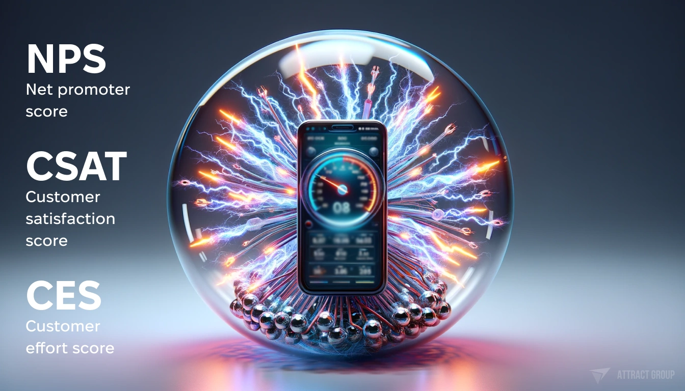 Illustration for Analytical metrics. A 3D transparent plastic ball filled with electric lightning and neon wires. In the center of this electrifying sphere is a smartphone, displaying App Performance Metrics in the form of a speedometer. The image should capture the dynamic energy of the electric lightning and the glowing neon wires, contrasting with the clear, sharp display of the smartphone in the center. The focus is on the intricate details and textures, from the realistic lightning and neon wires to the crisp, clear smartphone screen, all enclosed within the transparent plastic ball. This composition symbolizes the power and speed of modern technology and app performance.