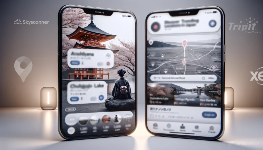 Illustration for App innovation is changing the way people plan and experience their travel. The image displays two smartphones side by side against a soft-lit background. Each screen shows a different travel-related application. The phone on the left features an image of a person in traditional Japanese clothing, seated and facing a temple surrounded by cherry blossoms. Below the image are various app functions like booking and reviews. The right phone displays a map with geolocation pins, suggesting a navigation or trip planning app. In the map's background is a scenic photo with a torii gate, indicating a focus on Japanese travel destinations. The image implies that app innovation is transforming travel planning and experiences. The logos of Skyscanner and TripIt are subtly visible, associating the apps with these travel services.