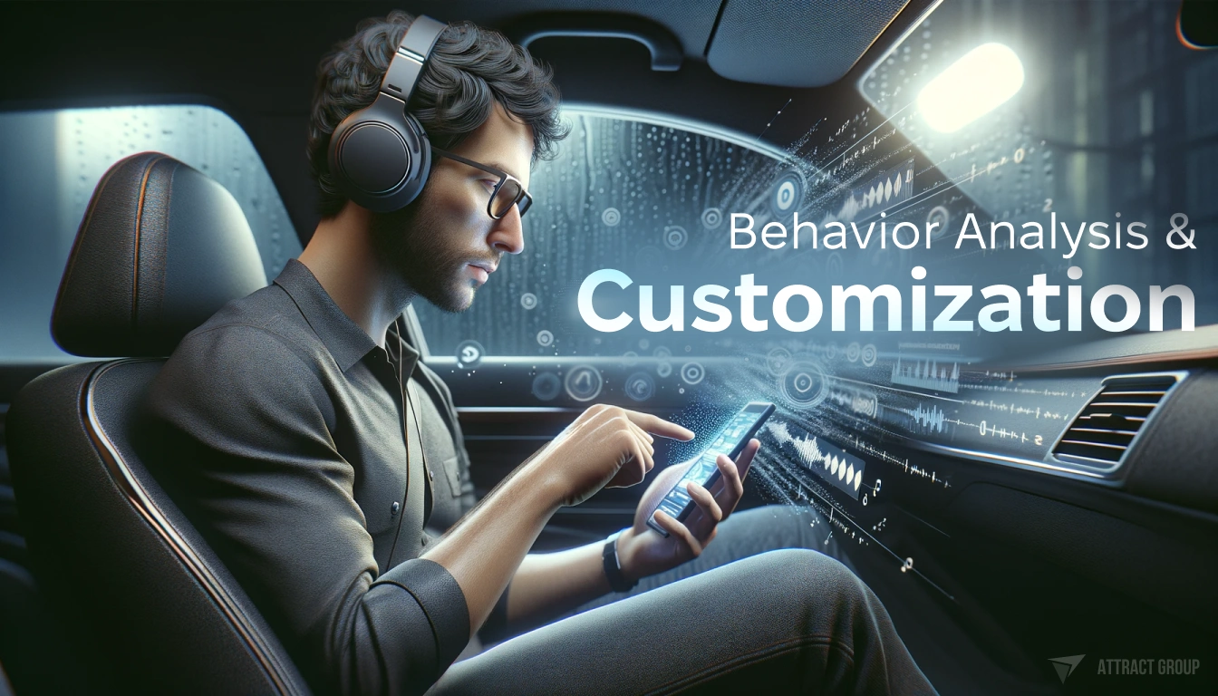 Illustration for Behavior Analysis & Customization. A guy sitting in a car, holding a smartphone. He is wearing headphones and appears to be enjoying music. In the air around him, the word 'personalization' should be visually represented, possibly floating or glowing to emphasize its significance. Additionally, include elements resembling a music player interface with a list of songs, suggesting that these have been curated by an algorithm specifically for his playlist. The image should reflect the concept of advanced personalization through algorithms, illustrating how technology can tailor experiences to individual preferences. The textures and details should be highly realistic, conveying a sense of immersion in the personalized digital experience.