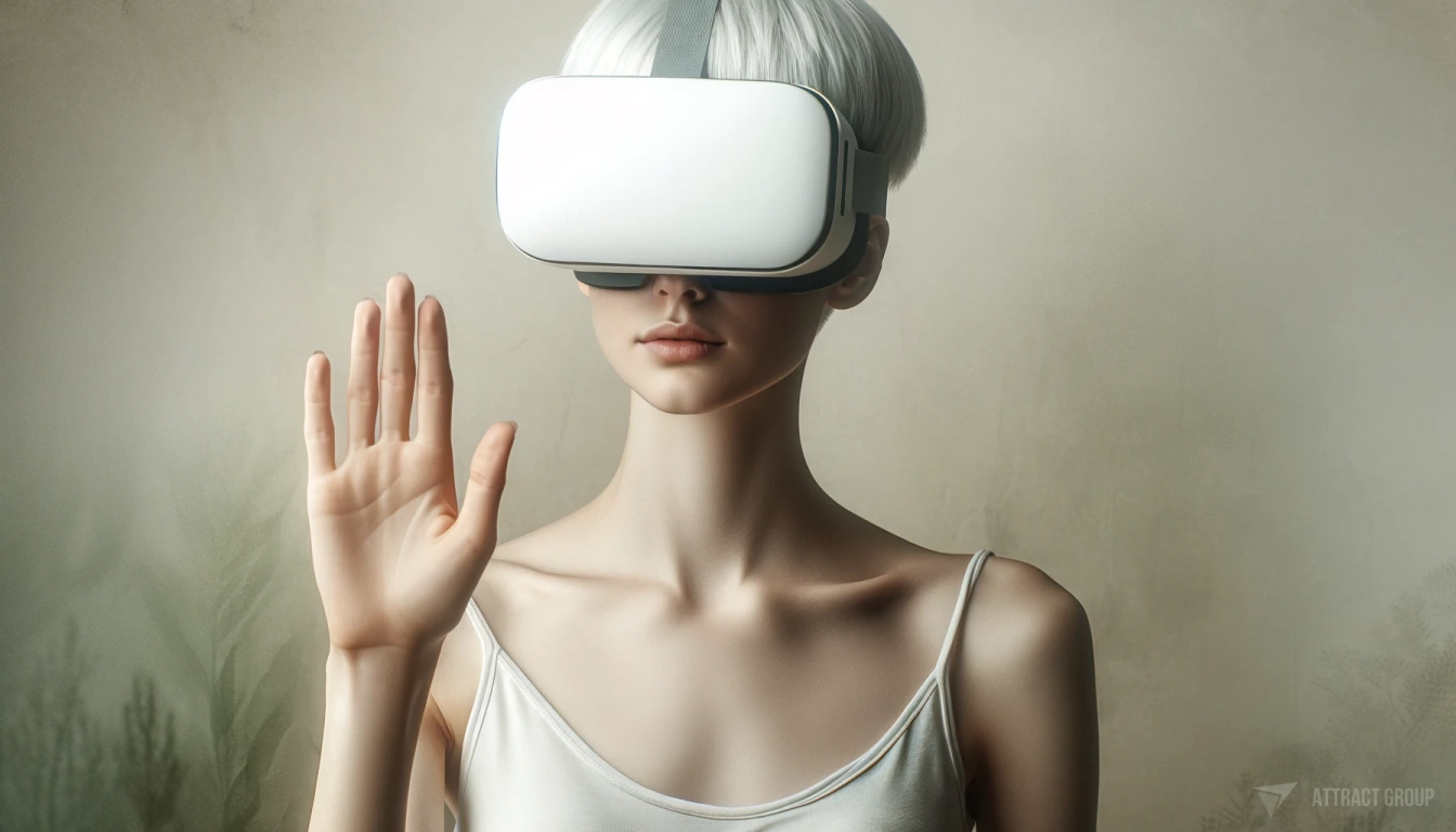 Illustration for Boundless potential of AR and VR. Person with pale complexion and short, straight, white hair. They are equipped with a virtual reality headset covering their eyes and wrapping around their head. The person is dressed in a white or light-colored tank top, raising their left hand in front of them to interact with an unseen aspect of their virtual surroundings. The background is a neutral, eco-inspired blur that draws attention to the individual and their VR headset, complementing the modern and minimalistic aesthetic of the composition.
