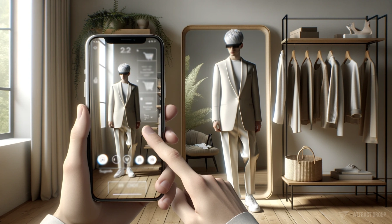 Illustration for By focusing on user needs, AR and VR apps can revolutionize the mobile landscape. A person with white hair dressed in an off-white suit, standing in front of a large mirror. The person is looking at a smartphone which is using an AR app to scan them for a virtual shopping experience. The app's UI displays suggestions for new clothing items, a shopping cart, sales promotions, and a typical e-commerce interface. The setting is an eco-inspired, calm interior with natural light illuminating the space.