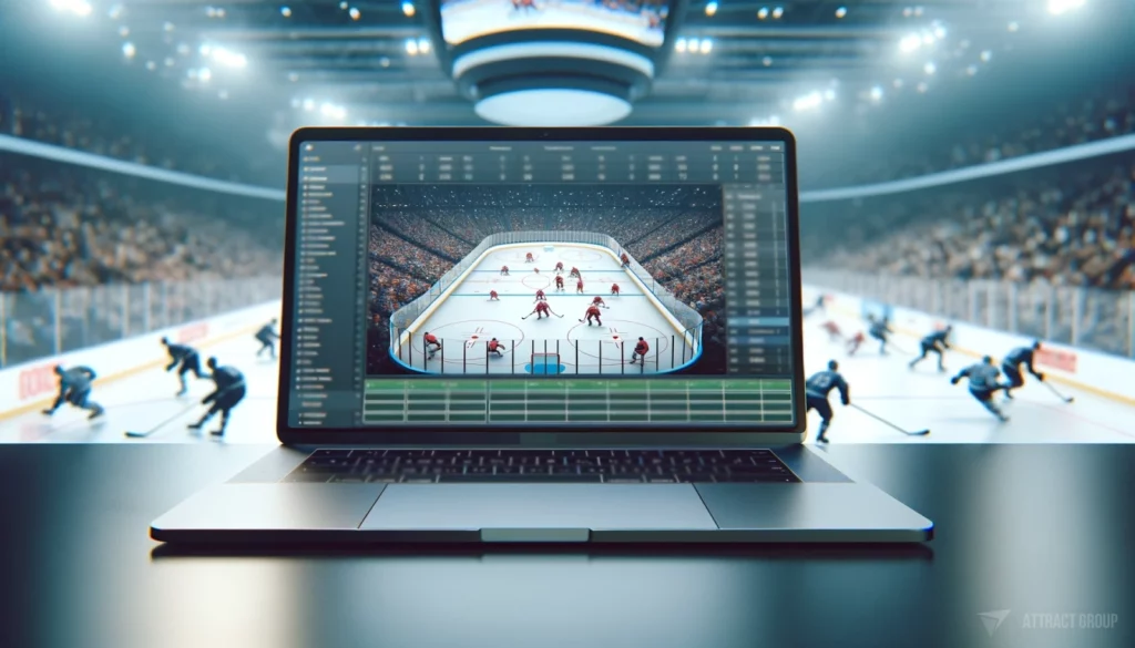 Illustration for CRM and Data Integration. Close-up photo of a modern laptop screen displaying a complex table within a CRM (Customer Relationship Management) software. The laptop is the focal point of the image, with the CRM interface detailed and clearly visible, indicating an active business environment. In the blurred background, an ice hockey game is taking place, providing a dynamic contrast between work and play. The ice hockey play should be sufficiently out of focus to emphasize the laptop's screen while still conveying the fast-paced action of the sport.