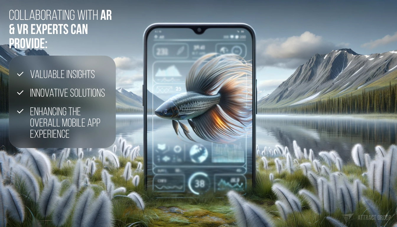 The image is a digital composition for a presentation, highlighting the benefits of collaborating with AR & VR experts. It features a smartphone in the center with an augmented reality image of a dynamic, swirling fish on its screen, symbolizing advanced mobile app technology. The backdrop is a serene landscape with a reflective lake, surrounded by gentle feather grass, against a backdrop of majestic mountains. The left side of the image includes a translucent text box with bullet points stating "VALUABLE INSIGHTS," "INNOVATIVE SOLUTIONS," and "ENHANCING THE OVERALL MOBILE APP EXPERIENCE." The overall impression is one of technology in harmony with nature, promoting the fusion of technical expertise with environmental aesthetics.