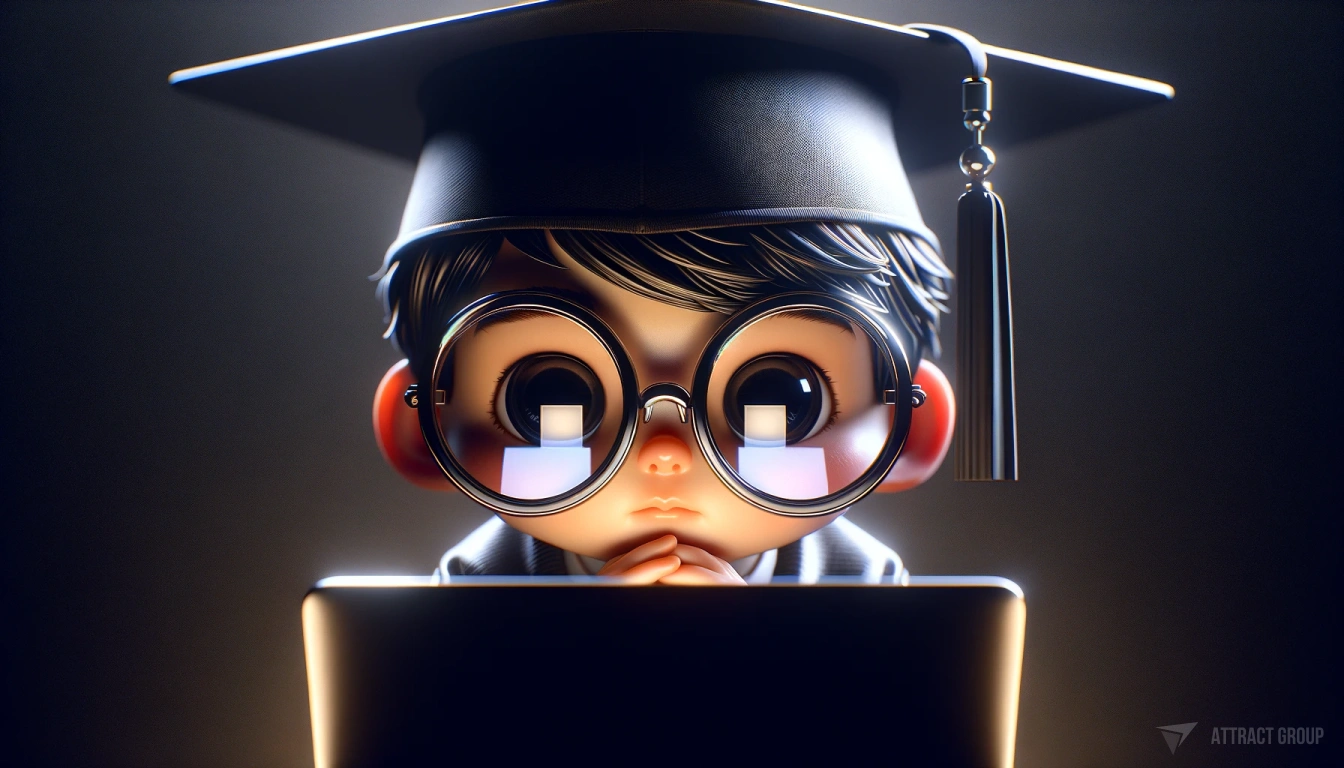 Illustration for Communication in e-learning. A realistic 3D character with oversized round glasses peering over the top of a laptop screen. The character sports a graduation cap, symbolizing their status as a student or recent graduate. They have an expression of curiosity. The character's face is softly illuminated by the glow of the laptop screen, which is the main light source against the dark background, accentuating their features. This creates an atmosphere of focus and engagement. The overall impression of the image is one of education, achievement, and the embrace of technology.