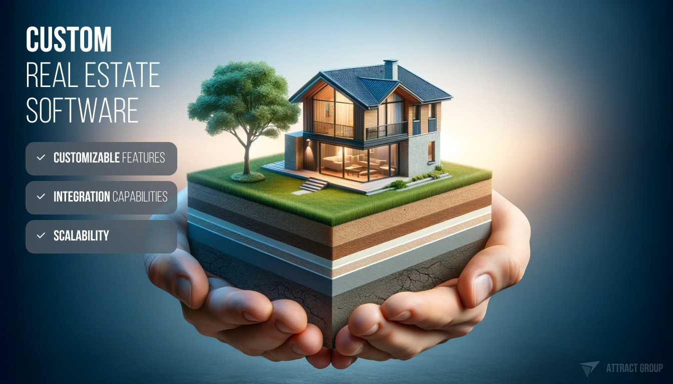 Illustration for Custom real estate software. Pair of hands holding a cross-section of a piece of land with a modern two-story house and a single tree. The model gives the impression of being small and transportable. The house has a visible interior, complete with lighting and furniture, suggesting it is a detailed architectural model. The grass atop the cross-section is indicative of a manicured lawn, while the tree provides an element of landscaping. The background features a gradient sky transitioning from blue to white, evoking the peaceful atmosphere of either dawn or dusk. Text inside: Customizable Features, Integration Capabilities, Scalability.