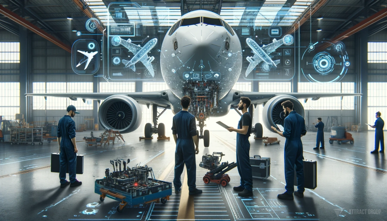 A futuristic aircraft hangar where multiple technicians in uniforms are working around a commercial airliner, which is surrounded by holographic displays showing various technical and navigational data. The hangar is spacious and well-equipped with tools and parts. Illustration for: Customization to specific aerospace requirements