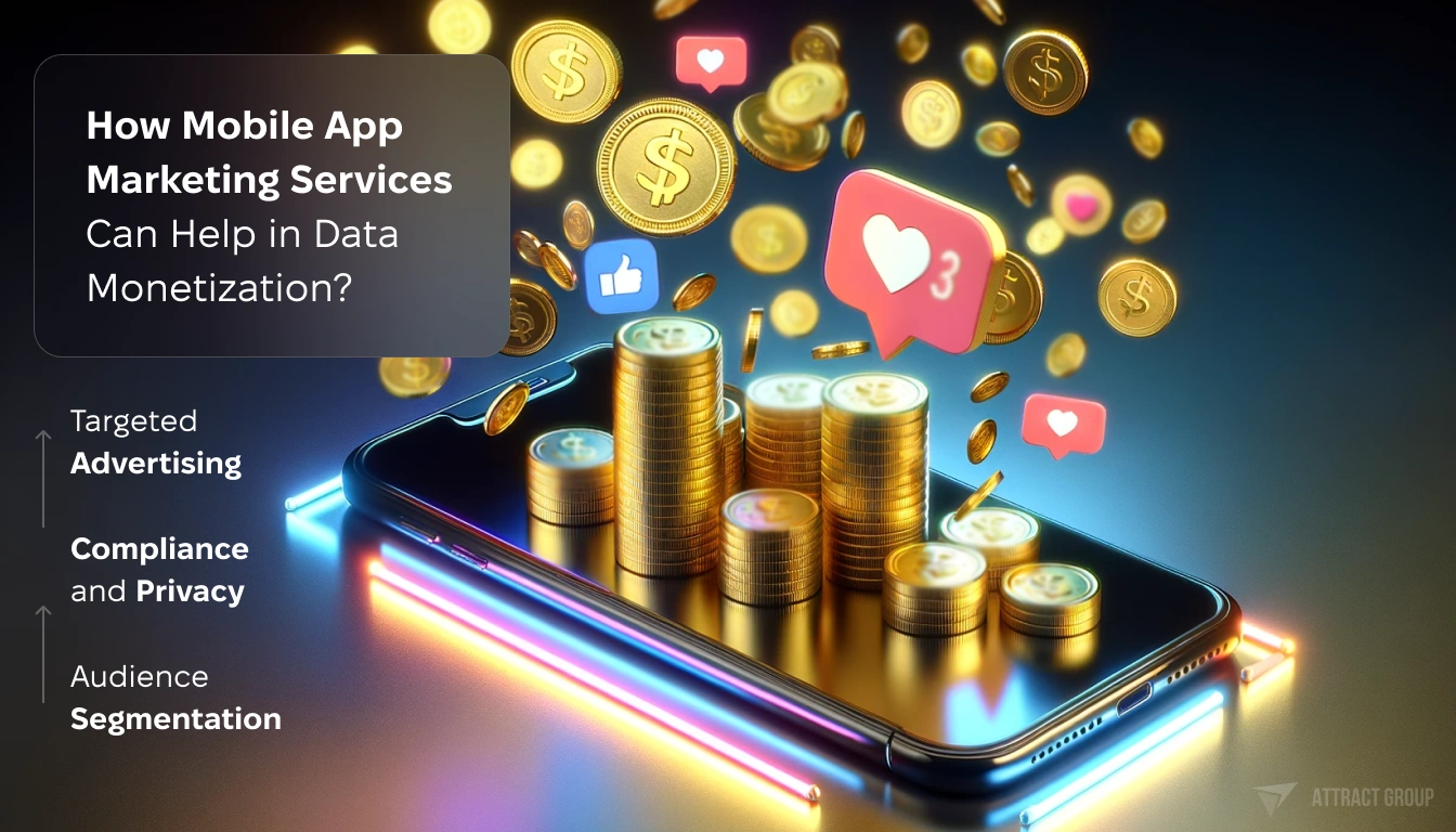 Illustration for Data Monetization and Mobile App Marketing Services. A modern smartphone in the center of the image. Gold coins are flying into the smartphone from one side, symbolizing income or revenue, while likes, hearts, and smiley emojis are flying out from the other side, representing user engagement and positive feedback. The image should capture highly realistic textures, with the coins and emojis having a tangible look. Neon lights should add a vibrant, futuristic feel to the scene, emphasizing the dynamic exchange between financial success and customer satisfaction in the digital age.