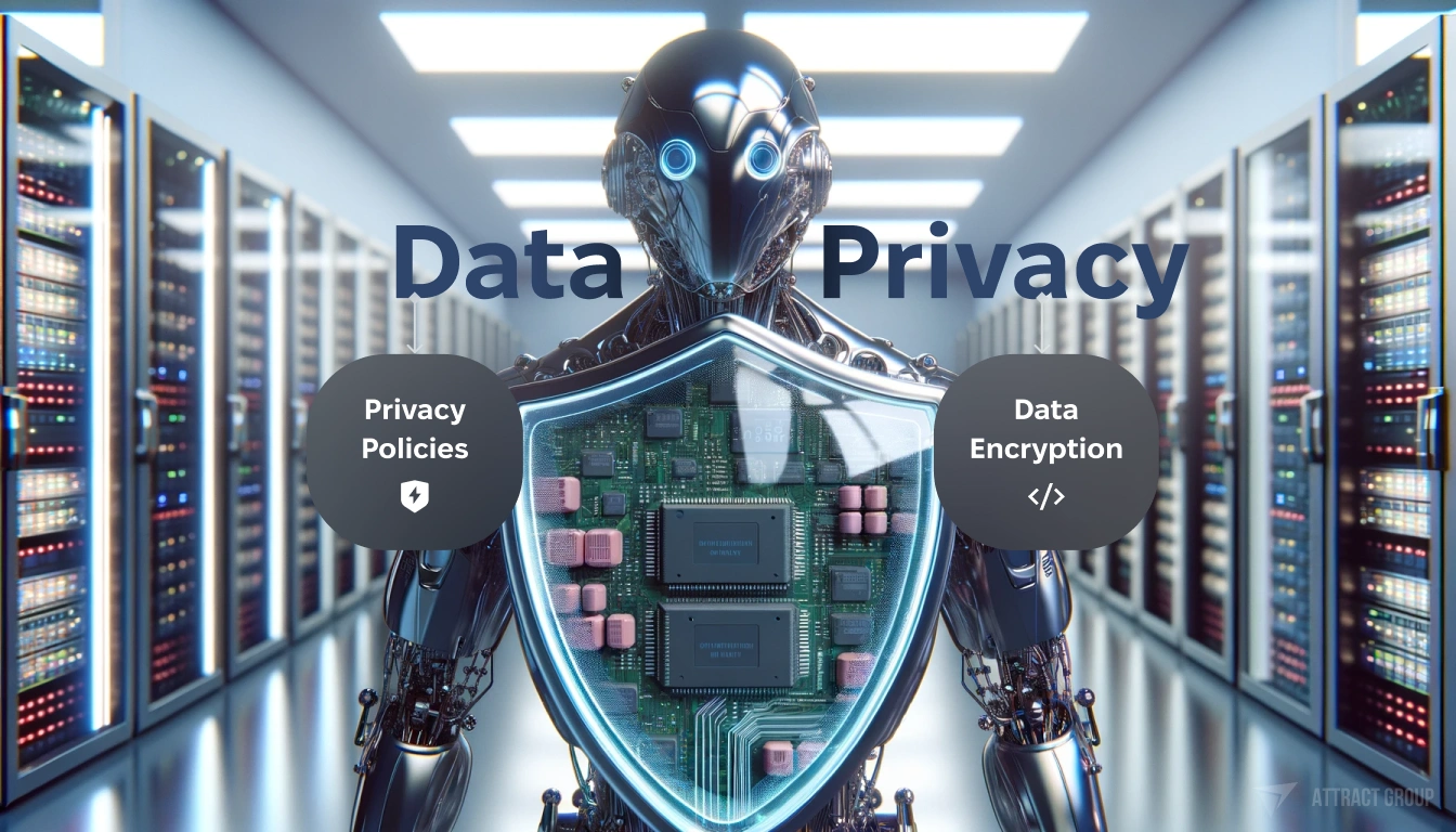 Illustration for Data Privacy Concerns. A futuristic cyber robot made of shiny plastic, equipped with a high-tech transparent mat shield that displays chips and wires. The robot is positioned in a modern room filled with servers, which are visible but blurred in the background, indicating depth. The robot is styled to appear as a guardian of the room. This image should symbolize the protection of personal data, with the robot serving as a sentinel against digital threats. Add a fine-grained noise texture to the image to give it a tactile and realistic quality.